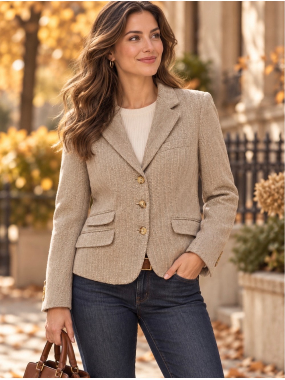 Chaps Women’s Tan Herringbone Blazer Linen Cotton Three Button Lined Size 14